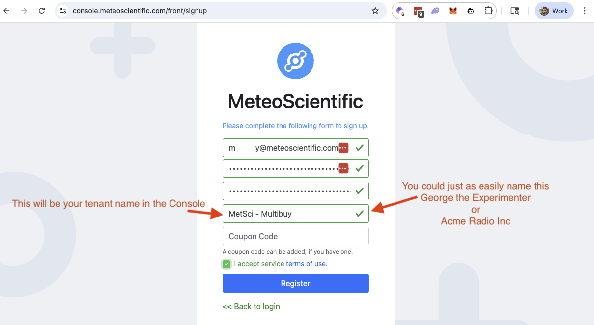 Fill in your details and sign up for a MeteoScientific Console Account