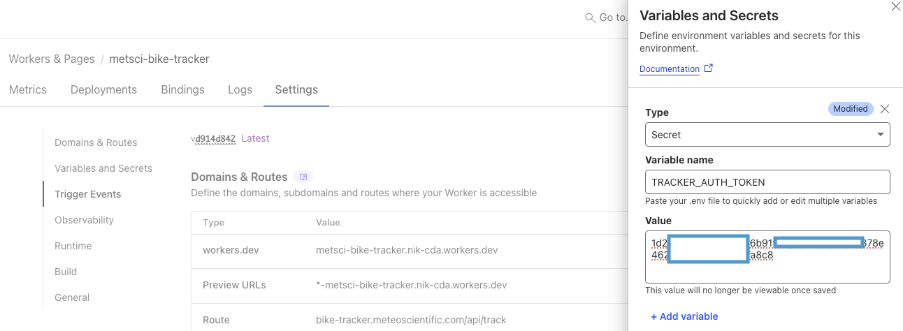 Cloudflare Worker secret setup showing TRACKER_AUTH_TOKEN variable configuration