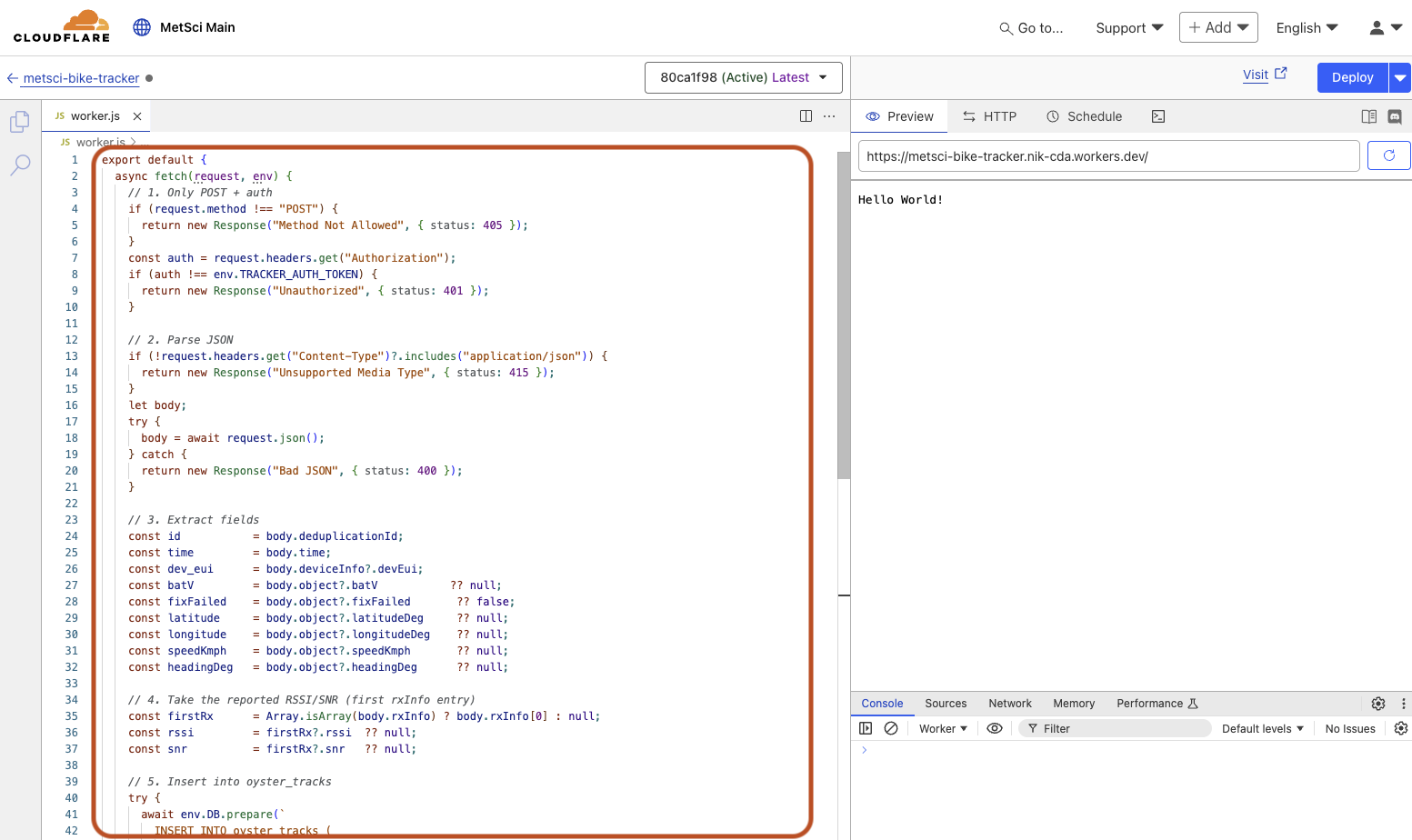 Cloudflare Worker code editor showing the JavaScript code for handling IoT data