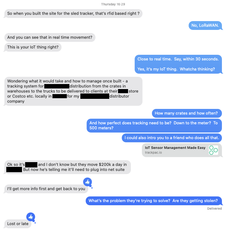 Text message conversation asking about asset tracking solutions, comparing RFID vs LoRaWAN for high-value freight